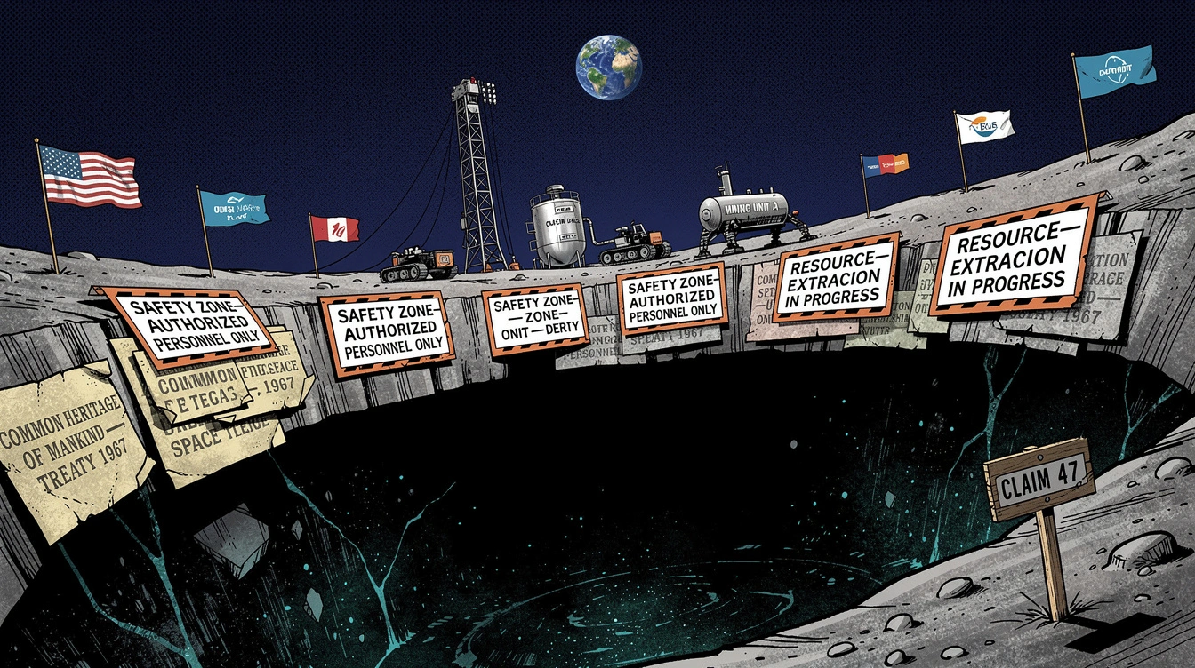 Editorial illustration of the lunar south pole crater rim covered in overlapping paper notices — faded treaty text being papered over by fresh corporate safety zone signs and surveyor's claim stakes